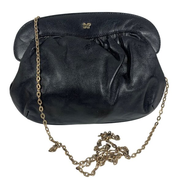 Vintage NINA RICCI Black Leather Ruched Clutch Handbag Gold-Tone Chain Strap - Picture 1 of 7